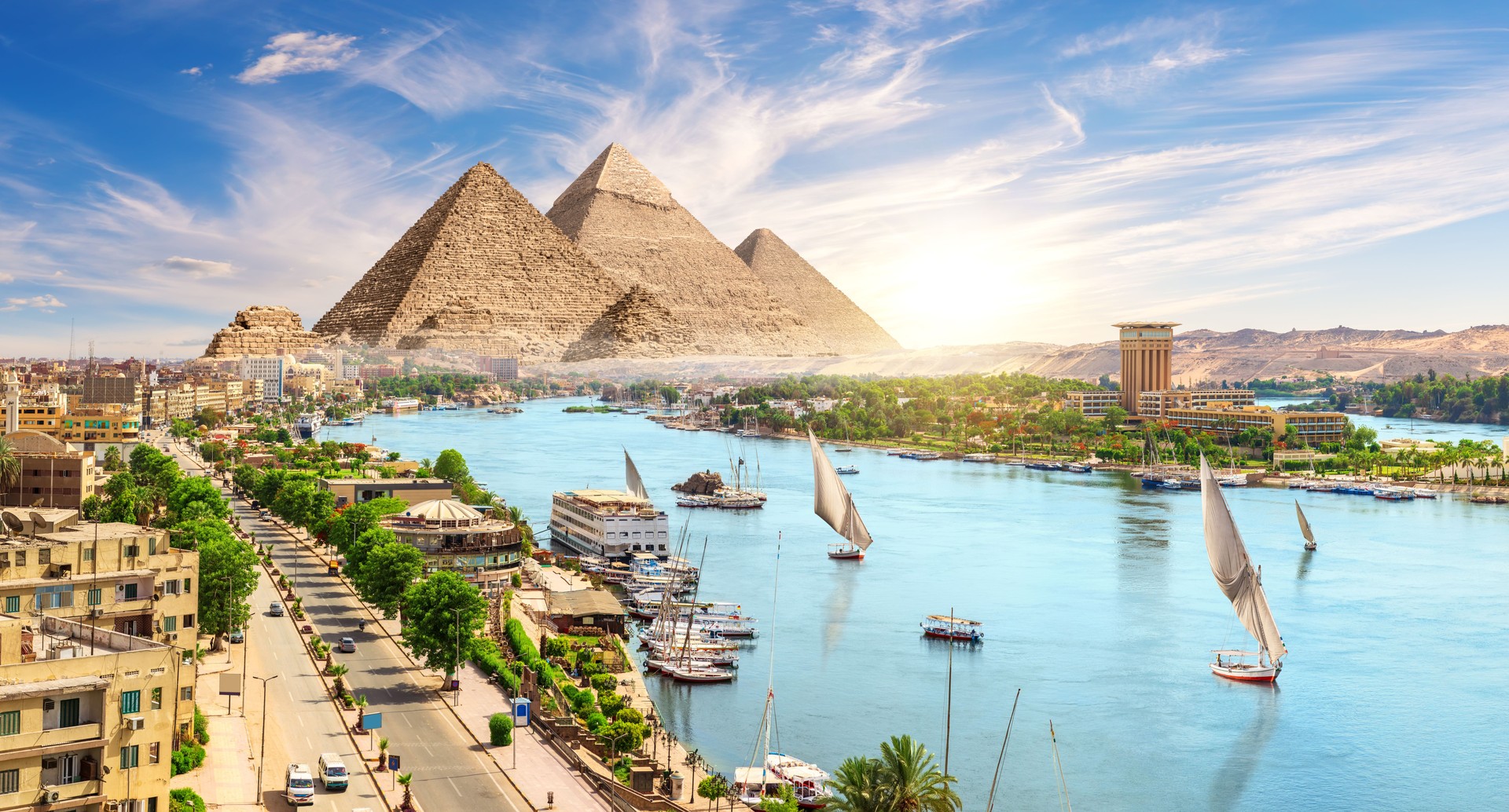 Pyramid Complex in Aswan city by the Nile, aerial view, Egypt